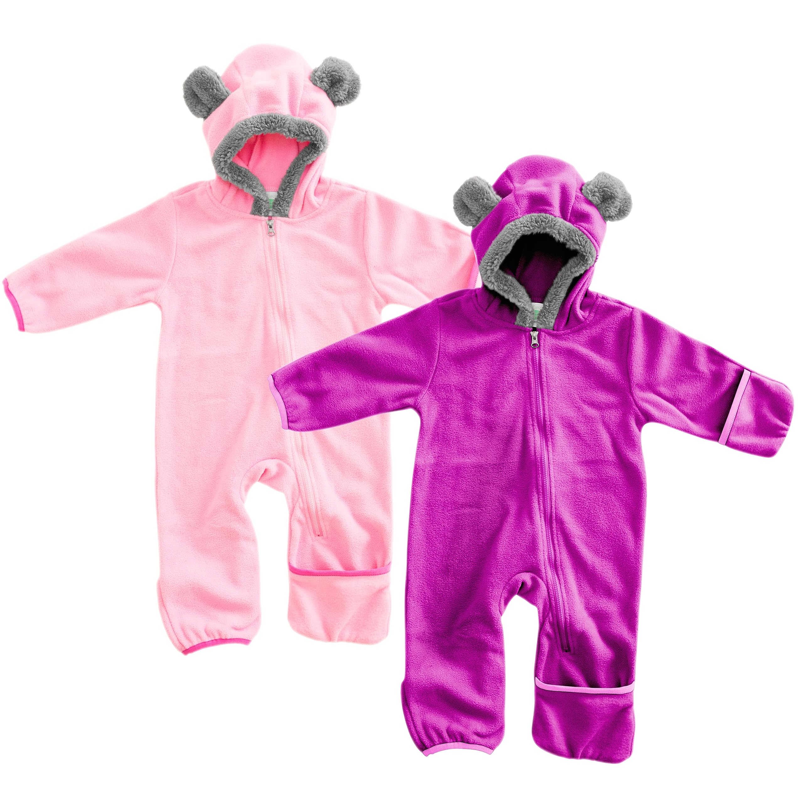 Cuddle Club Fleece Baby Bunting Bodysuit 2 Pack Bundle - Purple & Pink Baby Bear Bunting Fleece Jumpsuit - Teddy Bear Buntings - Newborn Snowsuits 5T - Infant Girls Buntings Suits