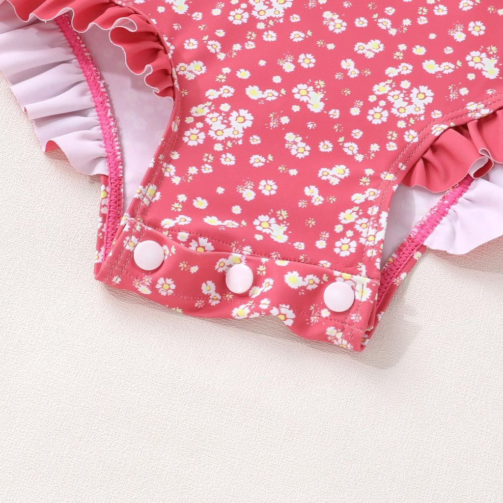 Infant Baby Girls Long Sleeve One Piece Swimsuit with Hat Floral Zipper Bathing Suit Leopard Beach Wear (Rose Red Edged Floral Fragments，18-24Months)