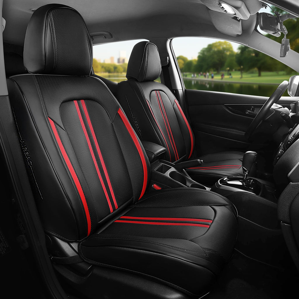 FREESOO Leather Seat Covers Full Set for Cars Trucks SUV, Black Red Line