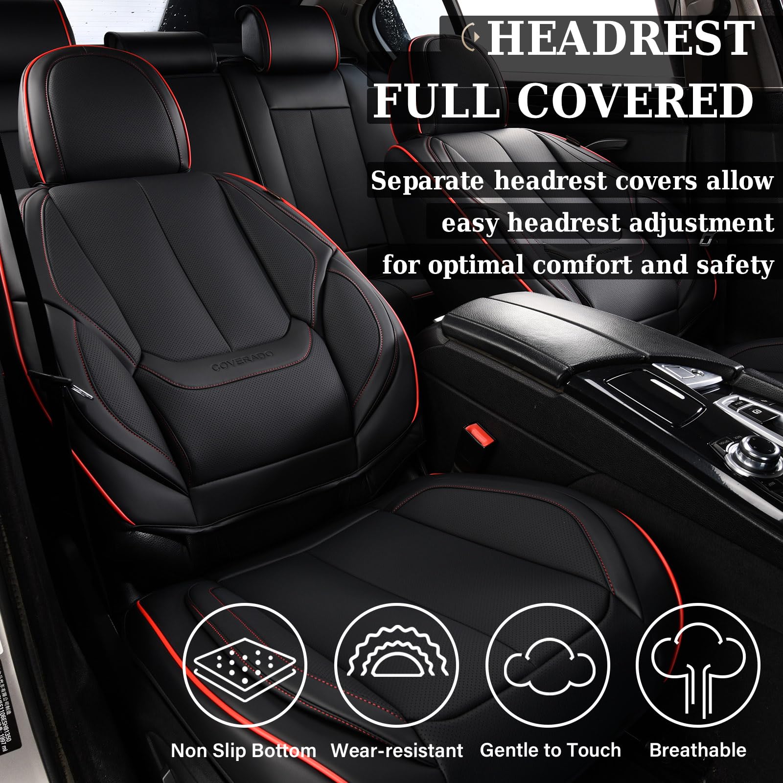 Coverado Car Seat Covers Full Set, Seat Covers for Cars, Black Car Seat Protector Waterproof, Nappa Leather Car Seat Cushion, Car Seat Covers Front Seats and Back Fit for Most Cars