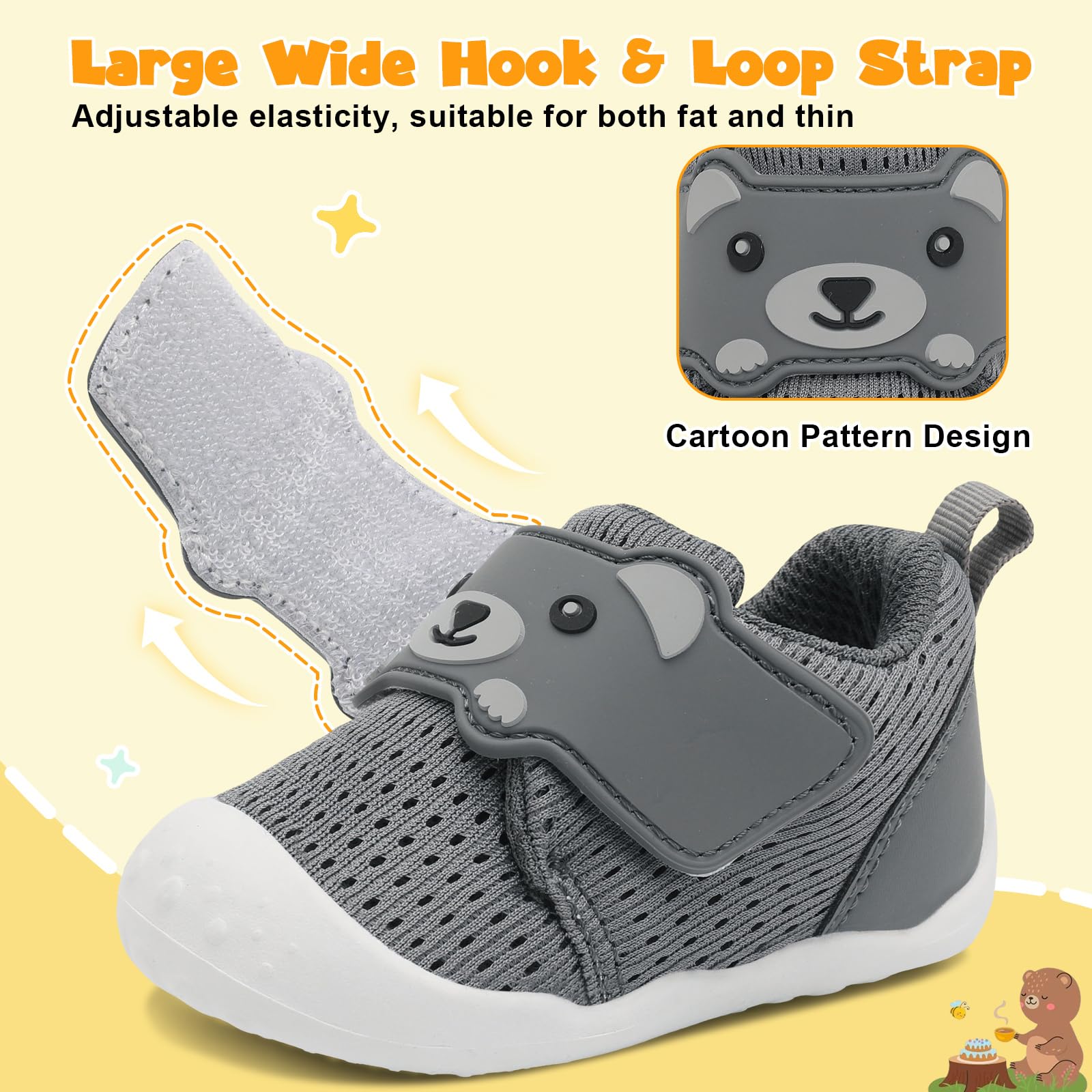 FEETCITY Baby Boys Girls Shoes First Walker Shoes Wide Infant Shoe Baby Sneakers Breathable Bear Toddler Barefoot Shoe 12-18 Months