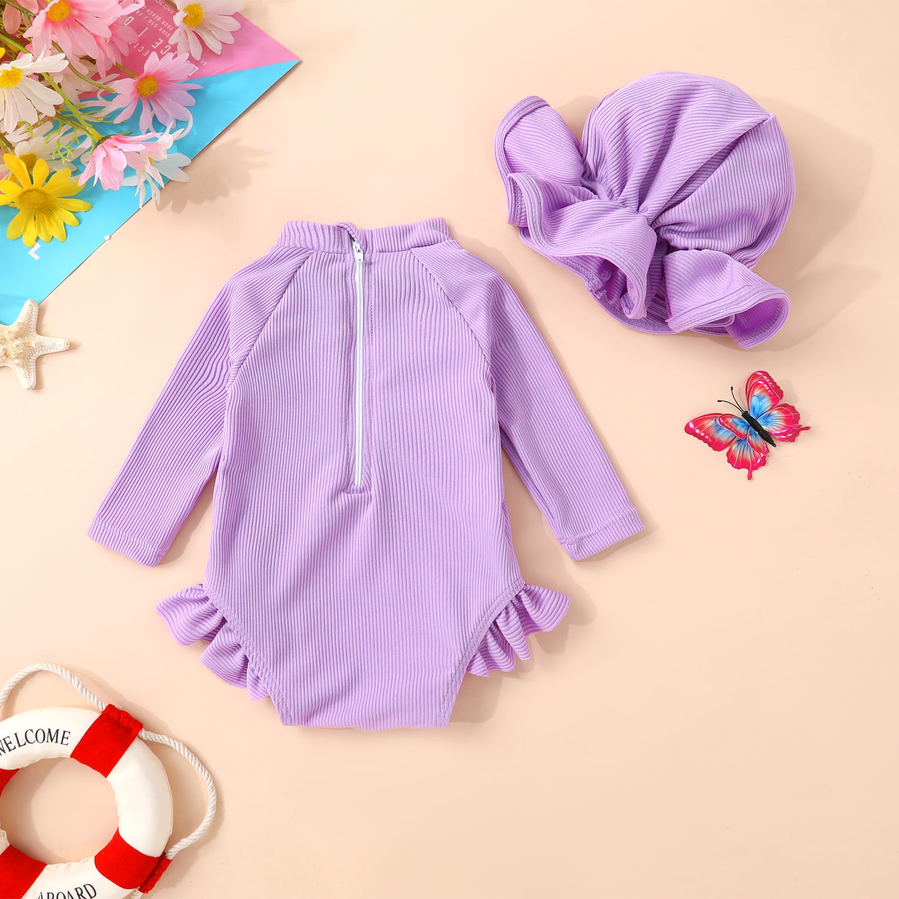 Infant Baby Girls Swimsuit Long Sleeve Swimsuit One Piece Swimsuit Solid Color Bathing Suit with Hat, UPF 50+（Purple, 12-18 Months）