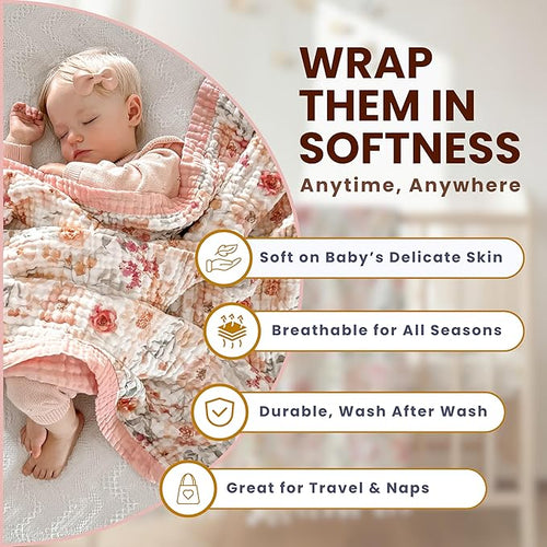 100% Cotton Muslin Baby Blanket - Large Reversible Receiving Blankets for Baby Girls, Soft & Lightweight, Perfect Muslin for Newborns, Infants & Toddlers, 7 Layers Design, Machine Washable, Pink