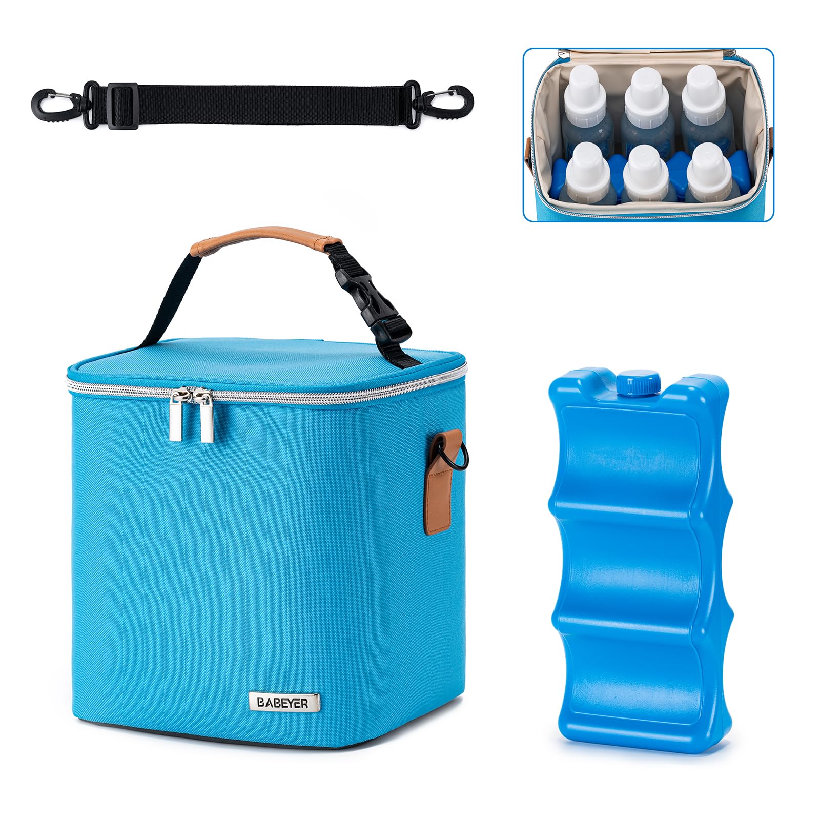 BABEYER Breastmilk Cooler Bag with Ice Pack Fits 6 Baby Bottles Up to 9 Ounce, Baby Bottle Bag with Shoulder Strap for Nursing Mom Daycare, Blue