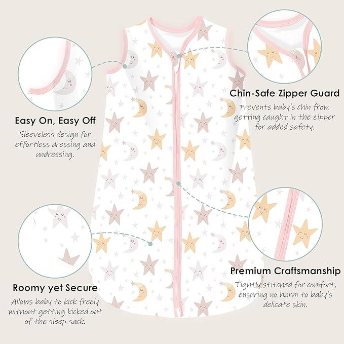 Cute Castle Baby Sleep Sack 0-6 Months - Lightweight 100% Cotton 2-Way Zipper TOG 0.5 Infant Wearable Blanket, Newborn Essentials Toddler Sleep Clothes, 3 Pack(Pink, Moon, Stars)