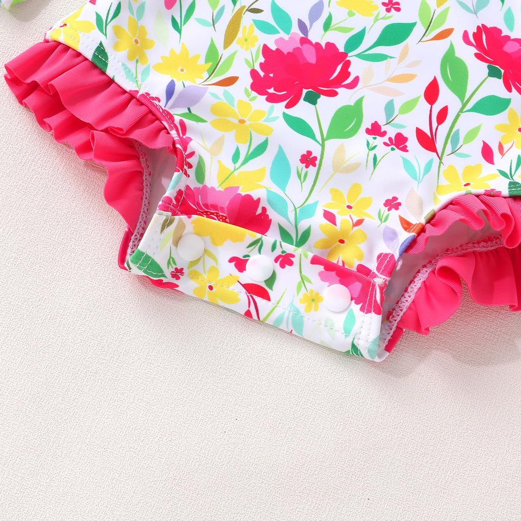 Infant Baby Girls Long Sleeve One Piece Swimsuit with Hat Floral Zipper Bathing Suit Leopard Beach Wear(Rose Red Edged Big Flower，18-24Months)