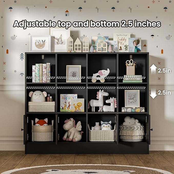 Black Bookshelf, Wood Bookcase with 3 Tier Shelves, 12 Cube Storage Organizer with Doors for Bedroom, Living Room, 47.8" W x 39.1" H