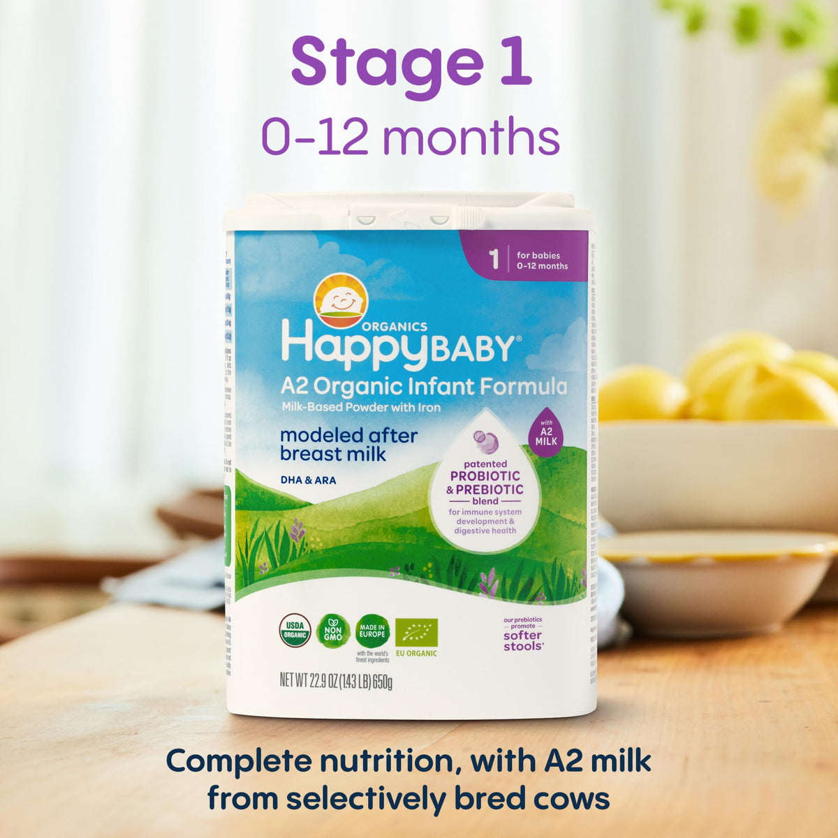 HAPPY BABY Stage 1 A2, 0-12 Months, Organic Infant Formula, 22.9oz (1 Pack)