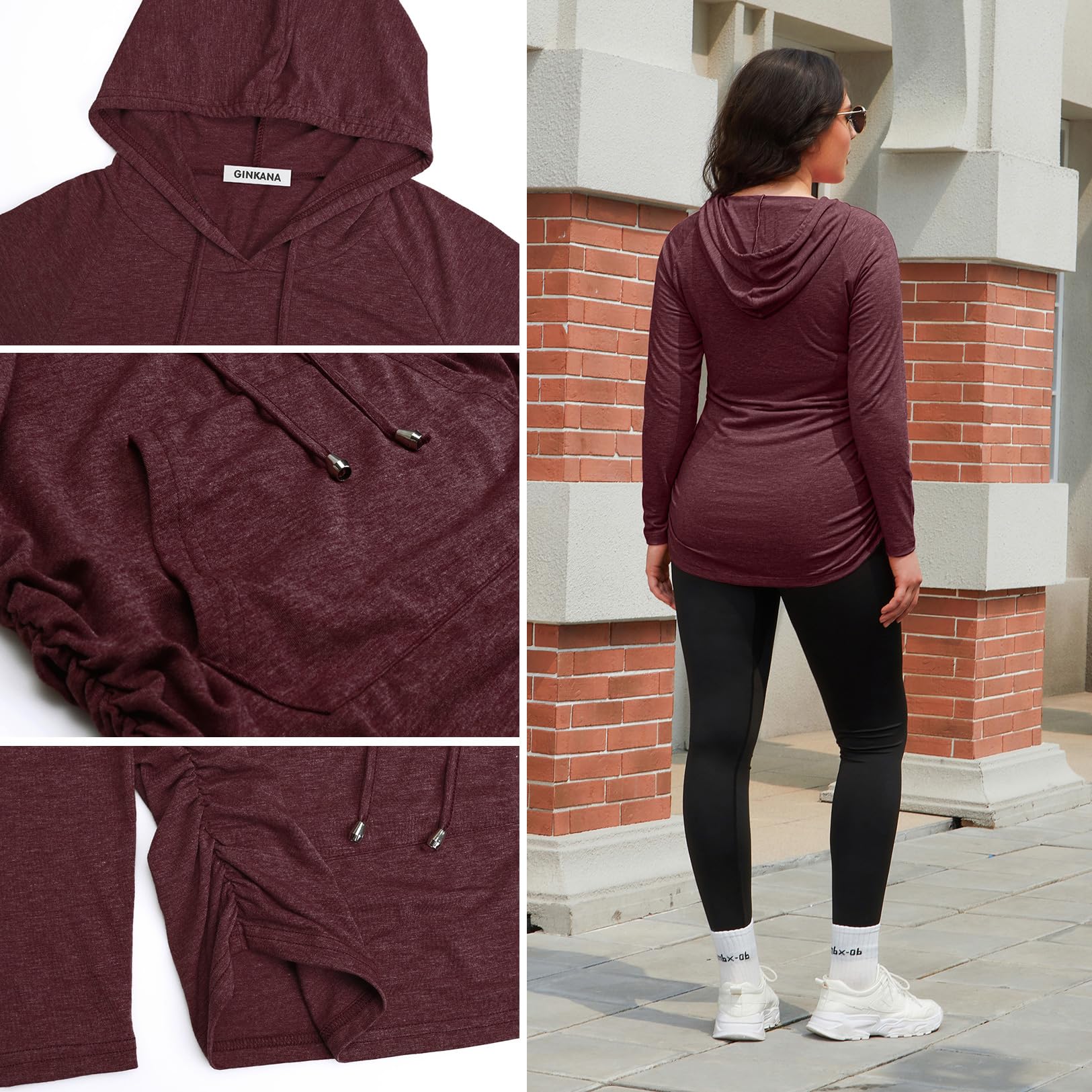 GINKANA Maternity Hoodie Long Sleeves Shirts Top Pregnancy Sweatshirt Casual Maternity Blouses,Maroon,M