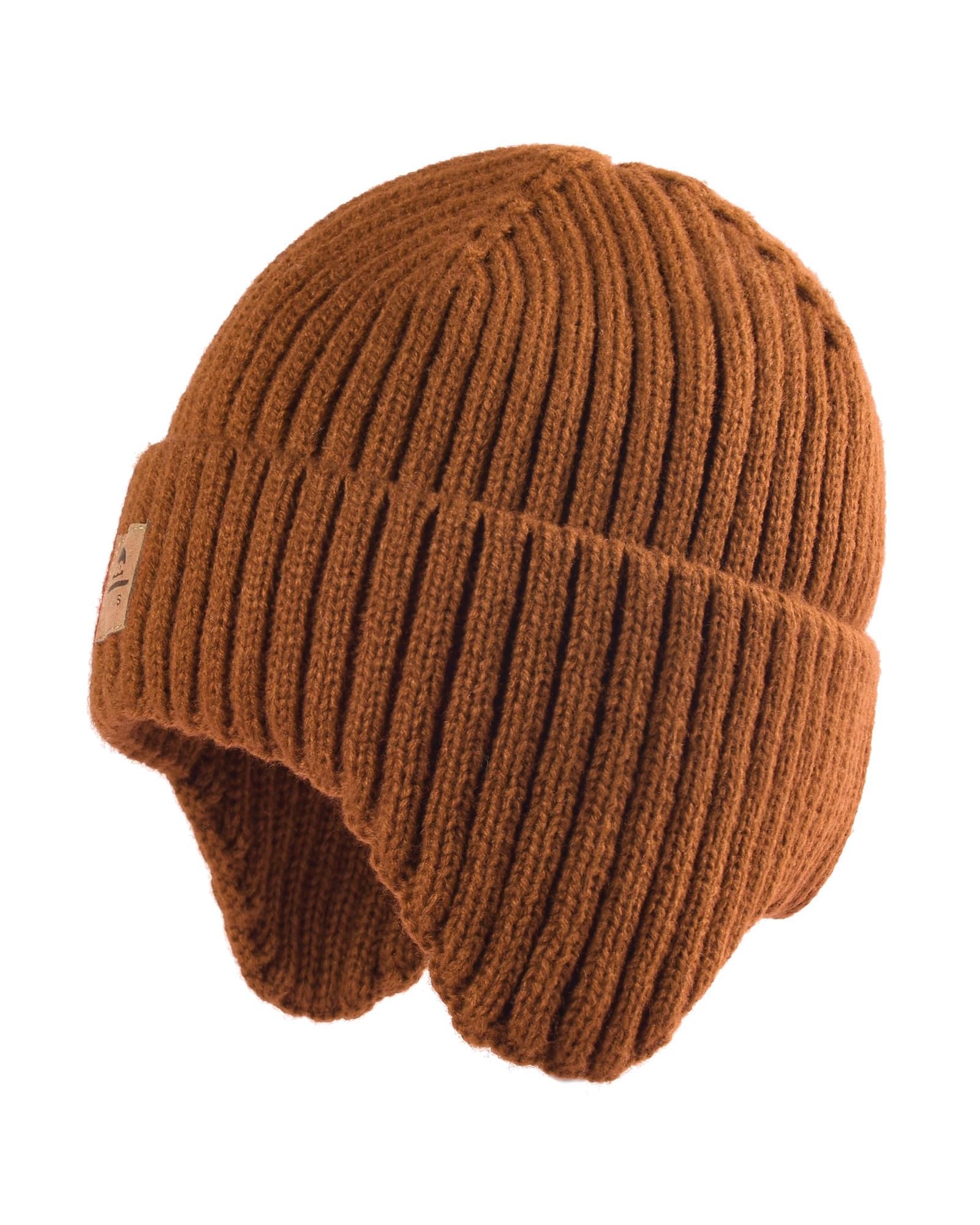 Baby Beanie Fleece Lined Toddler Winter Hat with Ear Flaps Little Girls Boys Warm Hats Cute Beanies for Kids Caramel