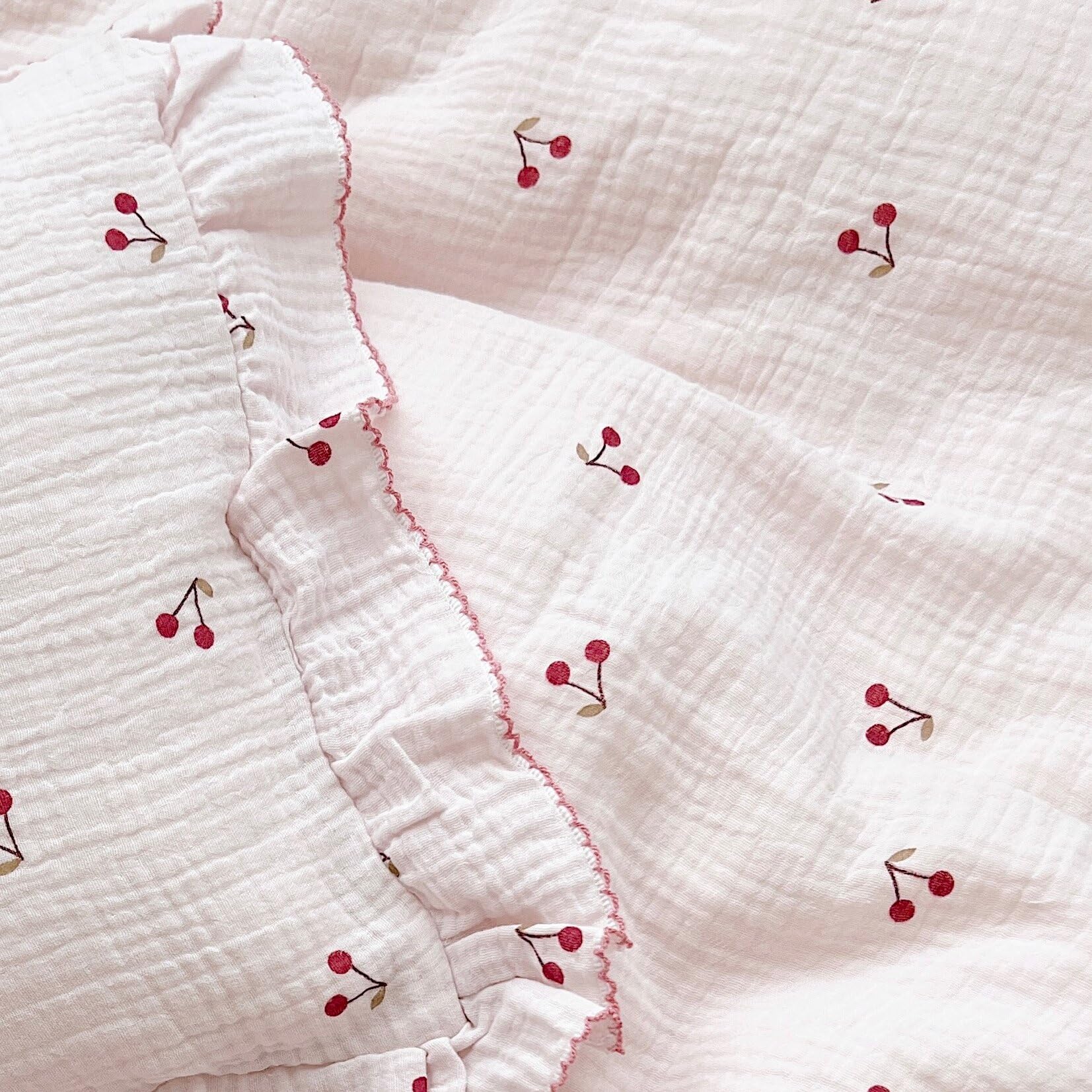 BuLuTu Cotton Muslin Kids Toddler Pillowcase Cherry Pattern, Soft Travel Pillow Ruffle Edge Nursery Pillow Case for Boys Girls, Bedding Decor, Durable Pillowcases 14"x20", 1 Piece