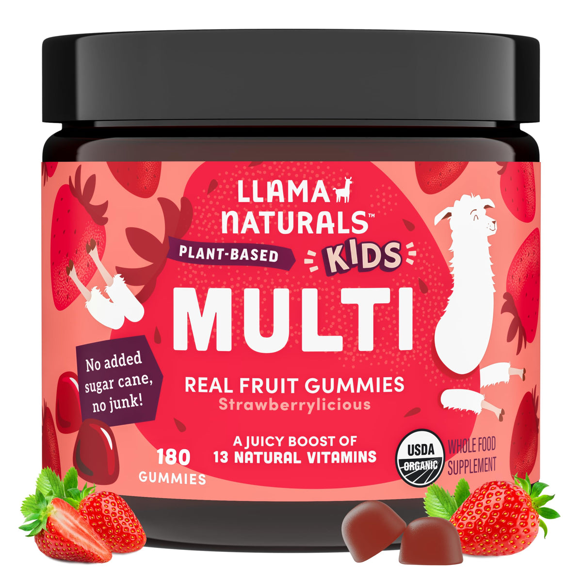 Llama Naturals Kids Multivitamin Gummies | Real Fruit, No Added Sugar Cane | Organic Vegan Toddler Whole Food Vitamins | Vitamin D, C & Beta Carotene Gummy Supplement | Cherry 90 Ct (1-2 Months)