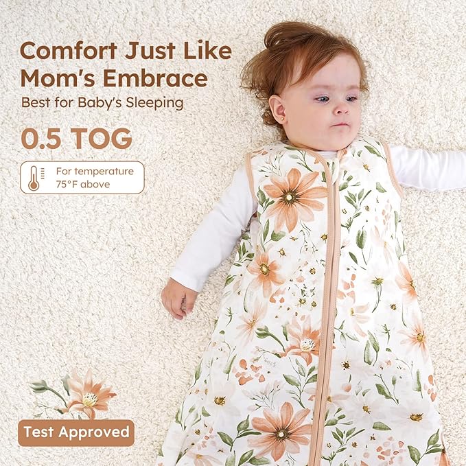 Baby Sleep Sack 0-6 Months 100% Cotton Lightweight 0.5 TOG Wearable Blanket Baby Sleep Bag with 2-Way Zipper for Newborn Infant Orange Flowers