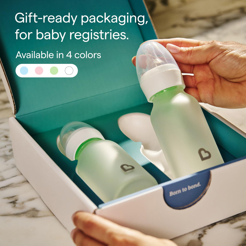 Munchkin Bond Glass Baby Bottles, Anti Colic Baby Bottles for Newborns, 4 oz Silicone Coated BPA Free Slow Flow Bottles for Breastfed Babies, Infant Feeding Bottle Set, 2 Pack, White