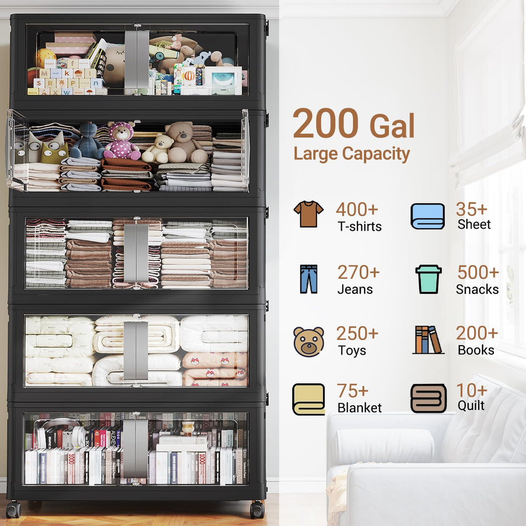 BROVIEW 800QT Stackable Storage Bins with Lids, 200Gal Extra Large Collapsible Storage Box with Wheel, Plastic Storages with Clear Door Open Front for Home Kitchen Garage, Black-5pack(5 lids)