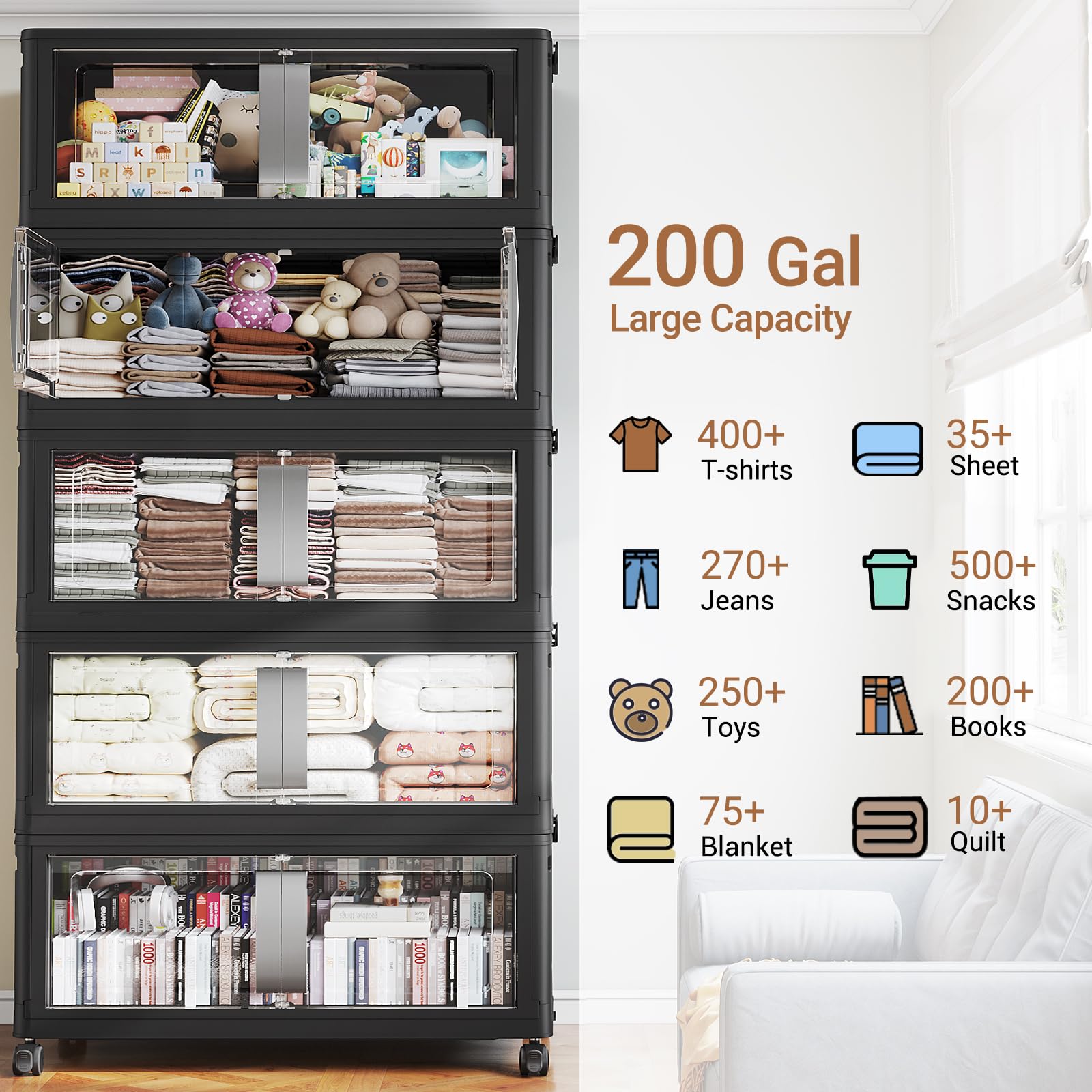 BROVIEW 800QT Stackable Storage Bins with Lids, 200Gal Extra Large Collapsible Storage Box with Wheel, Plastic Storages with Clear Door Open Front for Home Kitchen Garage, Black-5pack(5 lids)