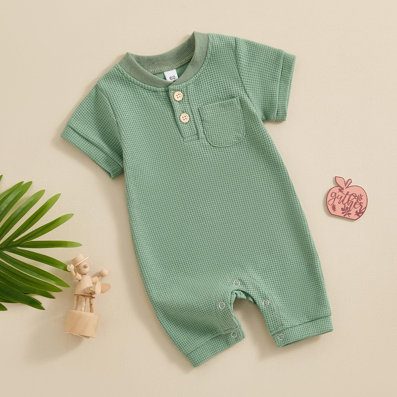 Kuriozud Newborn Baby Boy Girl Clothes Button Solid Short Sleeve Romper Jumpsuit Basic One Piece Outfits Baby Neutral Clothing Waffle Short Sleeve Green, 0-3 Months