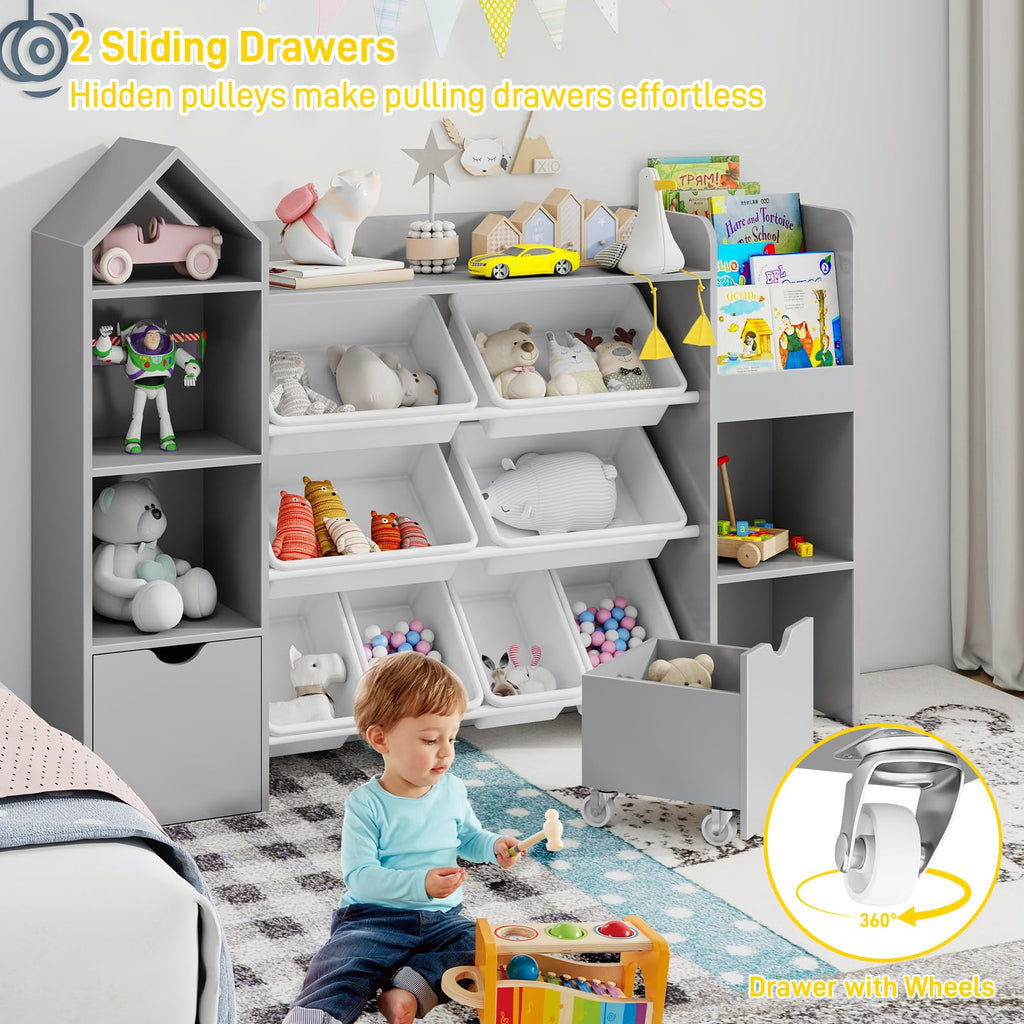 Vabches Kids Toy Organizer with 8 Removable Toy Bins, 4-Tier Toy Storage Organizers W/4 Storage Cubbies, Bookshelf 2 Toy Storage Box on Wheels for Playroom, Kids Room, Nursery Room, Grey