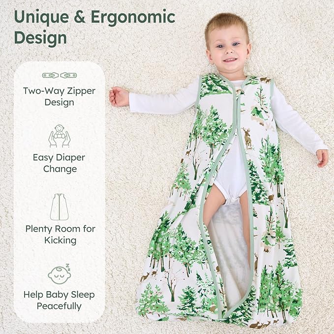 Baby Sleep Sack 12-18 Months 100% Cotton Lightweight 0.5 TOG Wearable Blanket Baby Sleep Bag with 2-Way Zipper for Infant Toddler Green Pine Tree