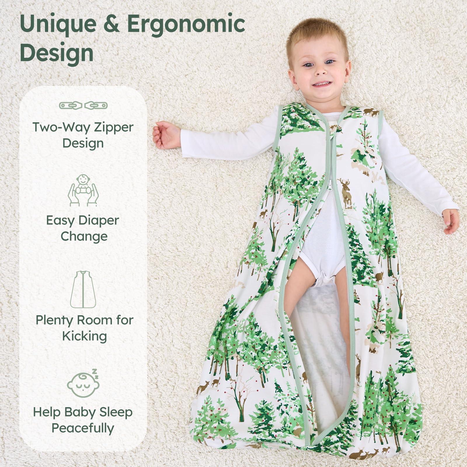 Unnivoll Baby Sleep Sack 0-6 Months 100% Cotton Lightweight 0.5 TOG Wearable Blanket Baby Sleep Bag with 2-Way Zipper for Newborn Infant Green Pine Tree