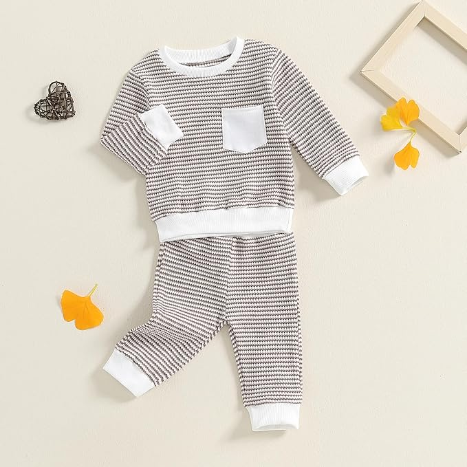 Toddler Baby Boy Fall Clothes Waffle Outfit Long Sleeve Color Blocking Sweatshirt Pullover Jogger Pant Set