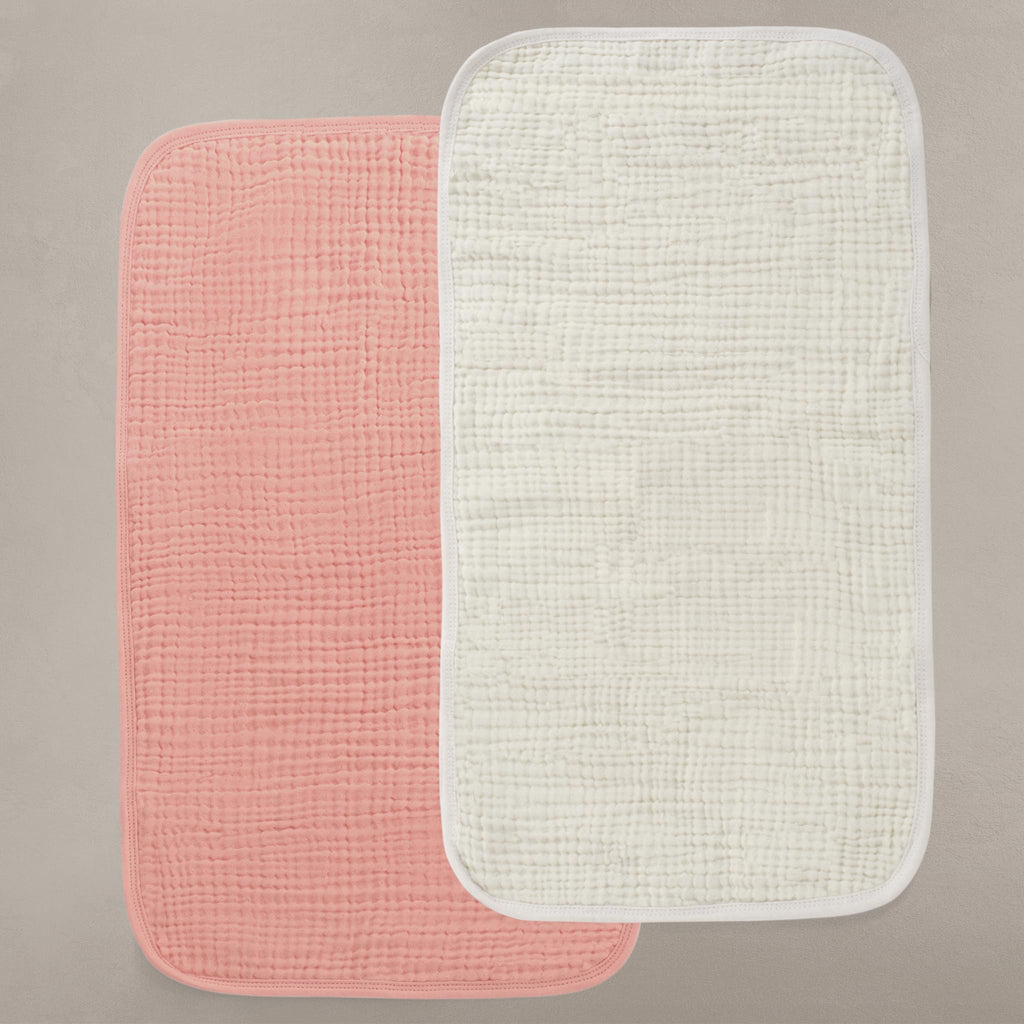 Oilo Burp Cloth 2-Pack Set, Large (12" X 22"), 8-Layer Organic Premium Cotton 4-Way Muslin, Luxuriously Soft, Super Absorbent, & Durable, Machine Washable, Eggshell Creme & Rosette Pink