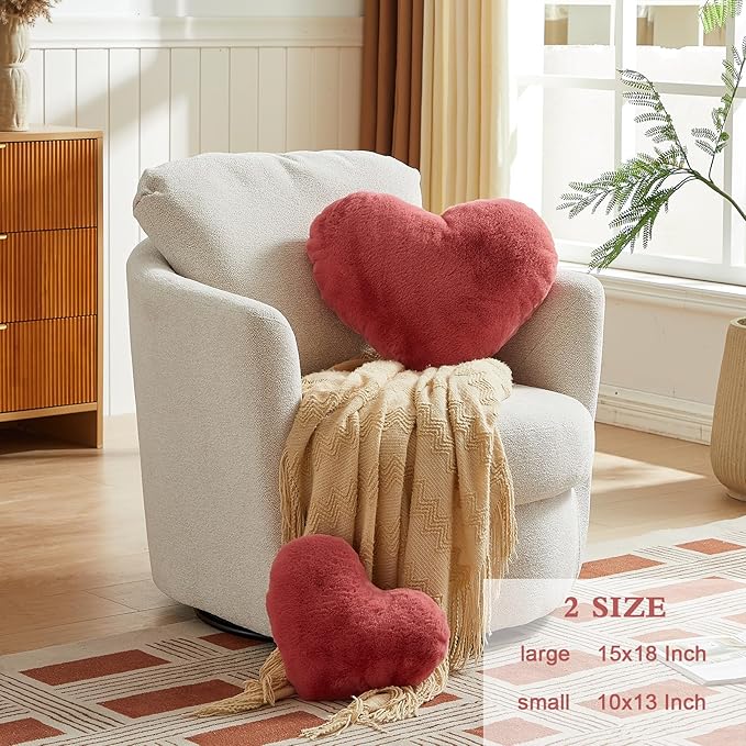 EastTree Heart Pillows, Peach Pink Heart Shaped Pillows, Love Throw Pillows Gifts, Ultra Soft Faux Rabbit Fur Small Cute Pillows, Women Girls Kid Room Decor 10x13 Inch