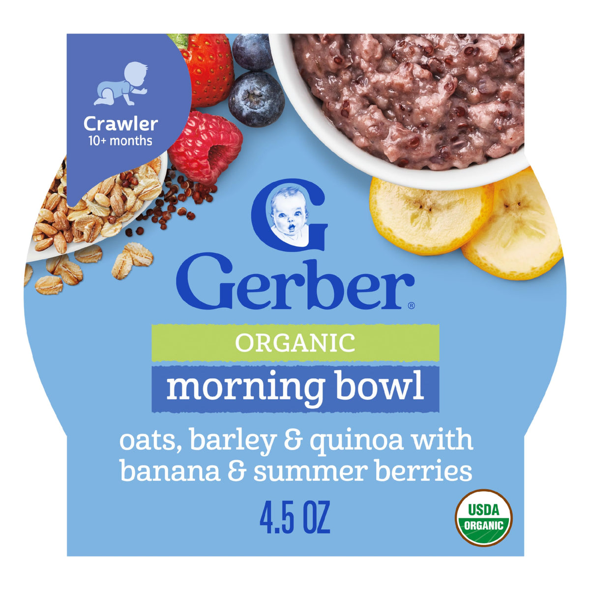 Gerber Stage 3 Baby Food, Organic Morning Bowl, Oats Barley & Quinoa, Baby Oatmeal, 8PK
