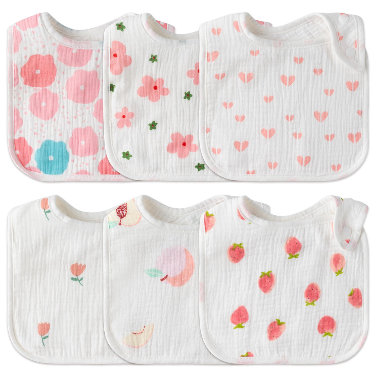 Zainpe 6Pcs Snap Muslin Cotton Bibs for Baby, Flamingo Star Flower Machine Washable Adjustable Burp Cloths with 6 Absorbent Soft Layers for Infant Newborn Toddler Drooling Feeding and Teething