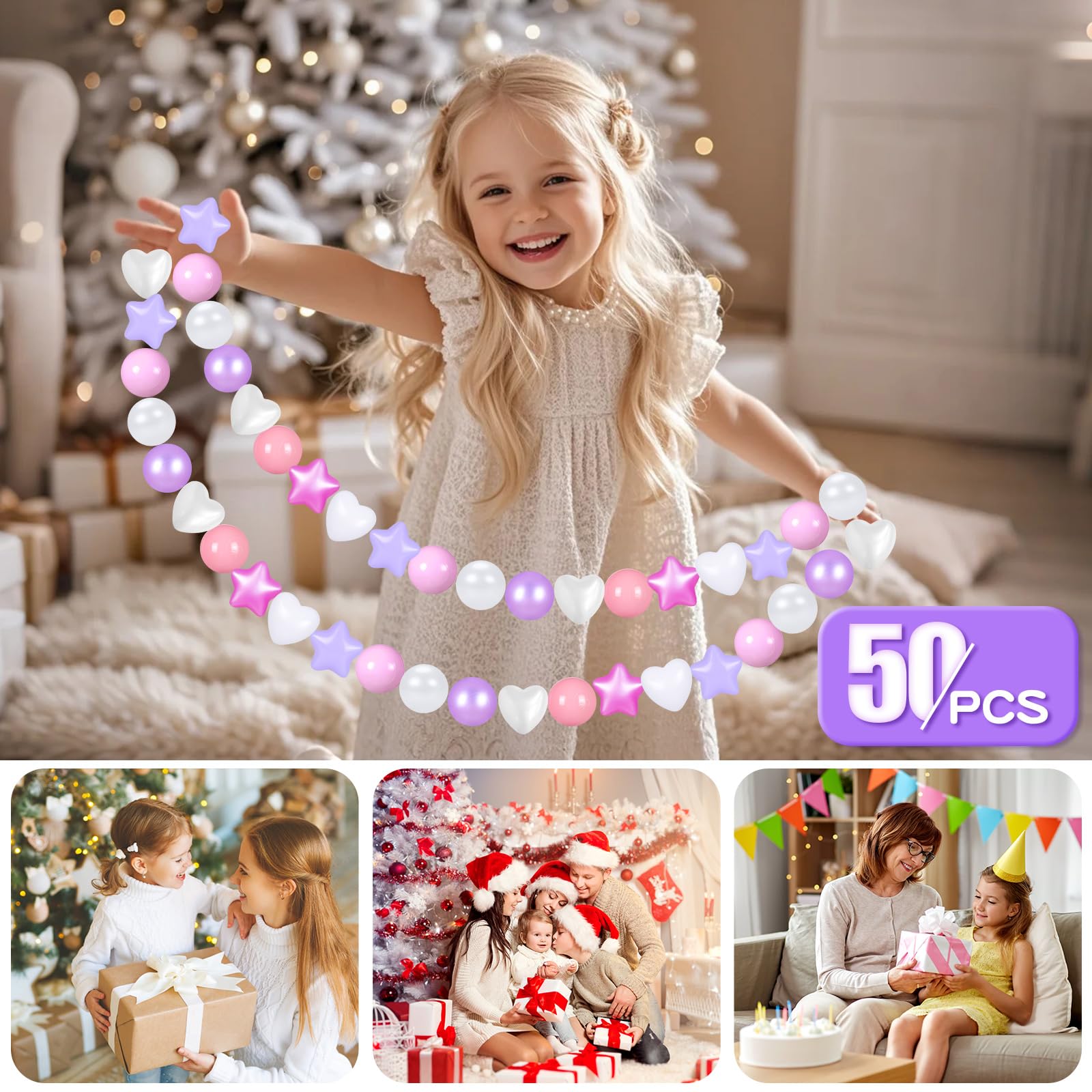 GOGOSO Ball Pits Balls Toddlers 50 100 200 500 Plastics Shape Ball Non-Phthalate Non-BPA Non-Toxic 2.2-Inch Crush Proof Play Balls,Pearl Pink+Pearl Light Pink+ Purple;Star+Heart Balls, 50 Balls