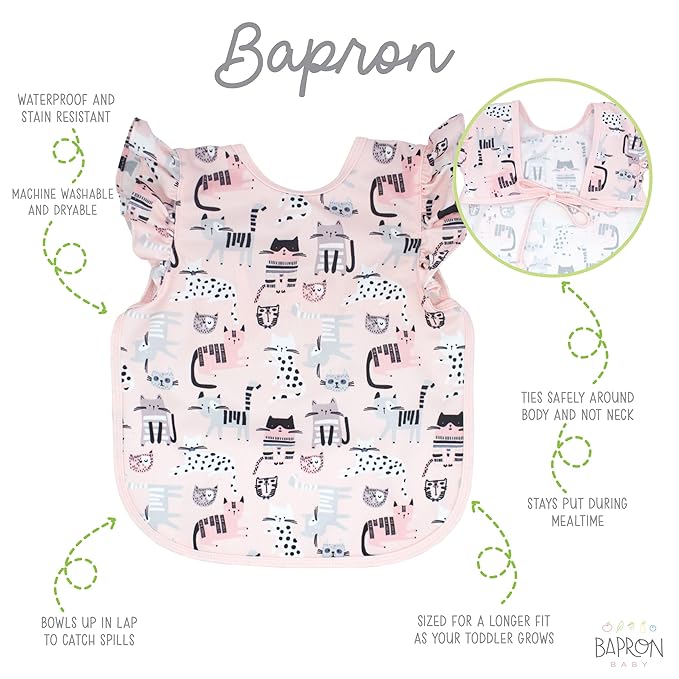 BapronBaby Kitty Bapron - No Neck Tie Safer Bib for Baby & Toddler - Soft Waterproof Stain Resistant - Machine Washable - Sz Baby/Toddler 6m-3T