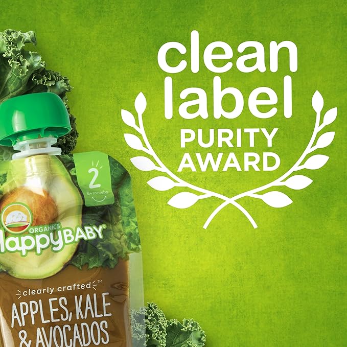 Happy Baby Organics Stage 2 Baby Food Pouches, Gluten Free, Vegan & Healthy Snack, Clearly Crafted Fruit & Veggie Puree, Apples, Pumpkin & Carrots, 4 Ounces (Pack of 16)