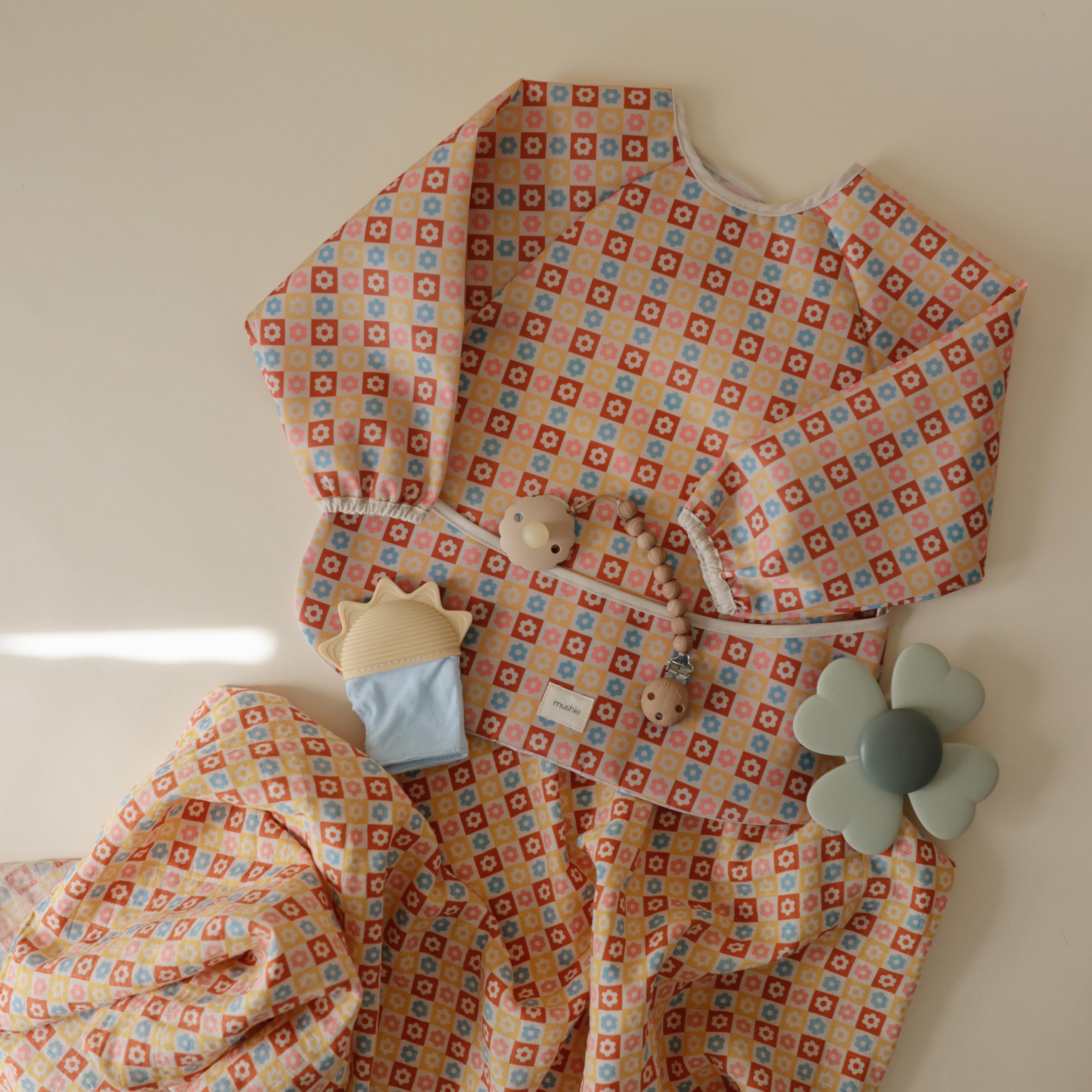 mushie Muslin Baby Swaddle Blanket | 100% Organic Cotton (Happy Flowers Check)