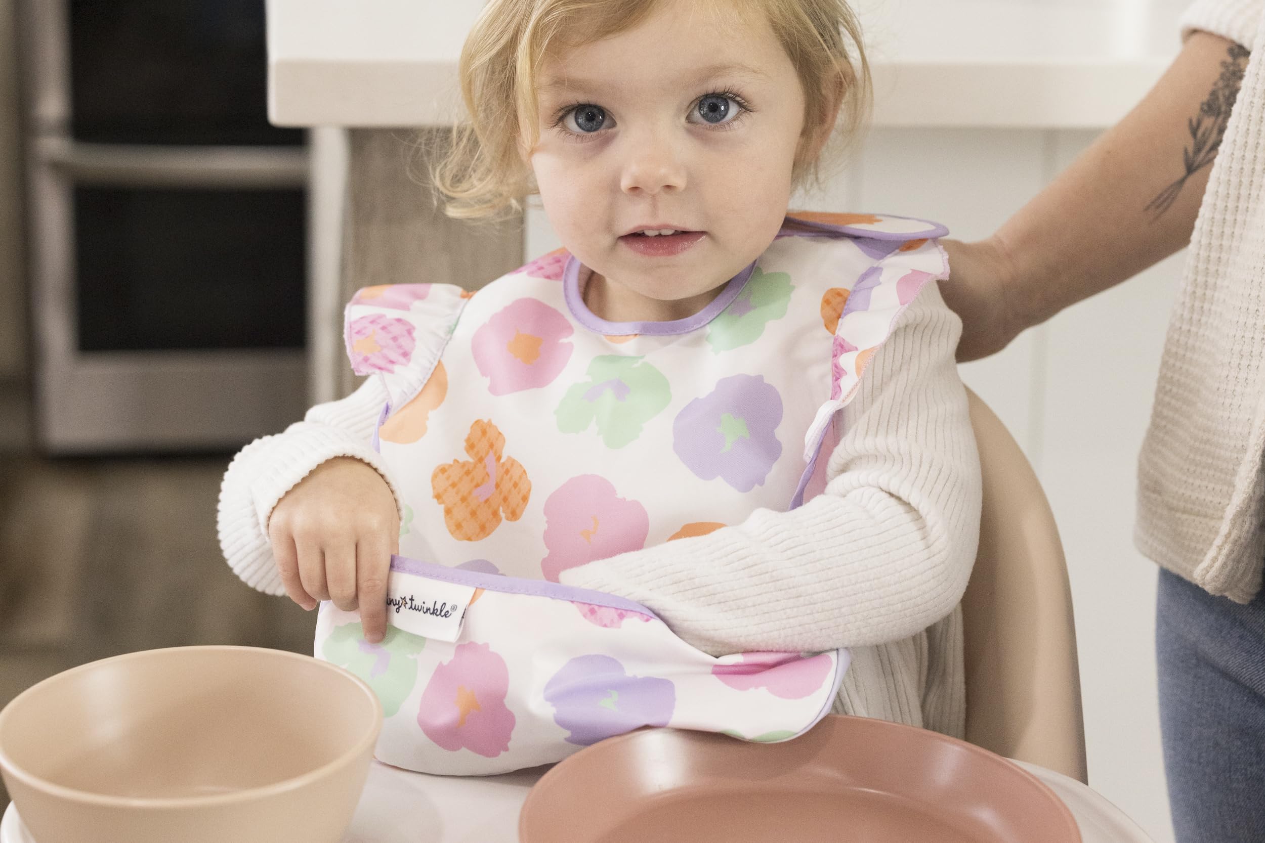 Tiny Twinkle Mess-Proof Baby Bibs for Eating | Waterproof, Wipeable Toddler Bibs with Catch-All Pocket | Feeding Bibs for Girls & Boys(3 Pack, Floral Pop)