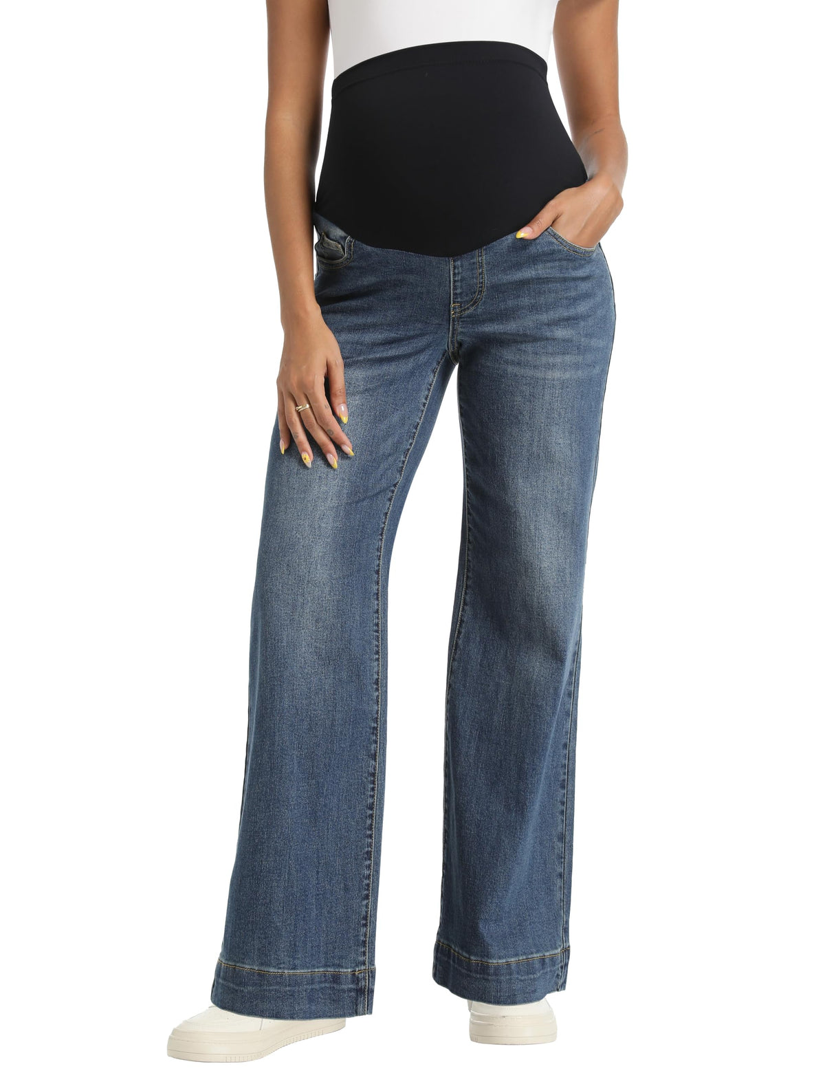 Foucome Maternity Jeans Wide Leg Trendy Pregnancy Denim Pants Dark Blue XXL