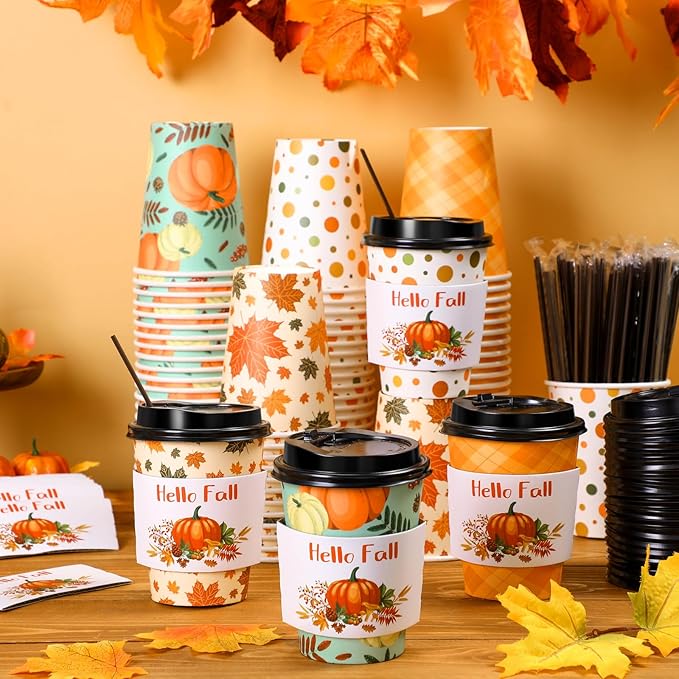 Lallisa 100 Sets Fall Thanksgiving Coffee Cup Bulk with Lid Disposable 12 oz Fall Hot Cups Paper and Sleeves Straws, Autumn Drinking Supplies for Holiday Party(Stylish Style)
