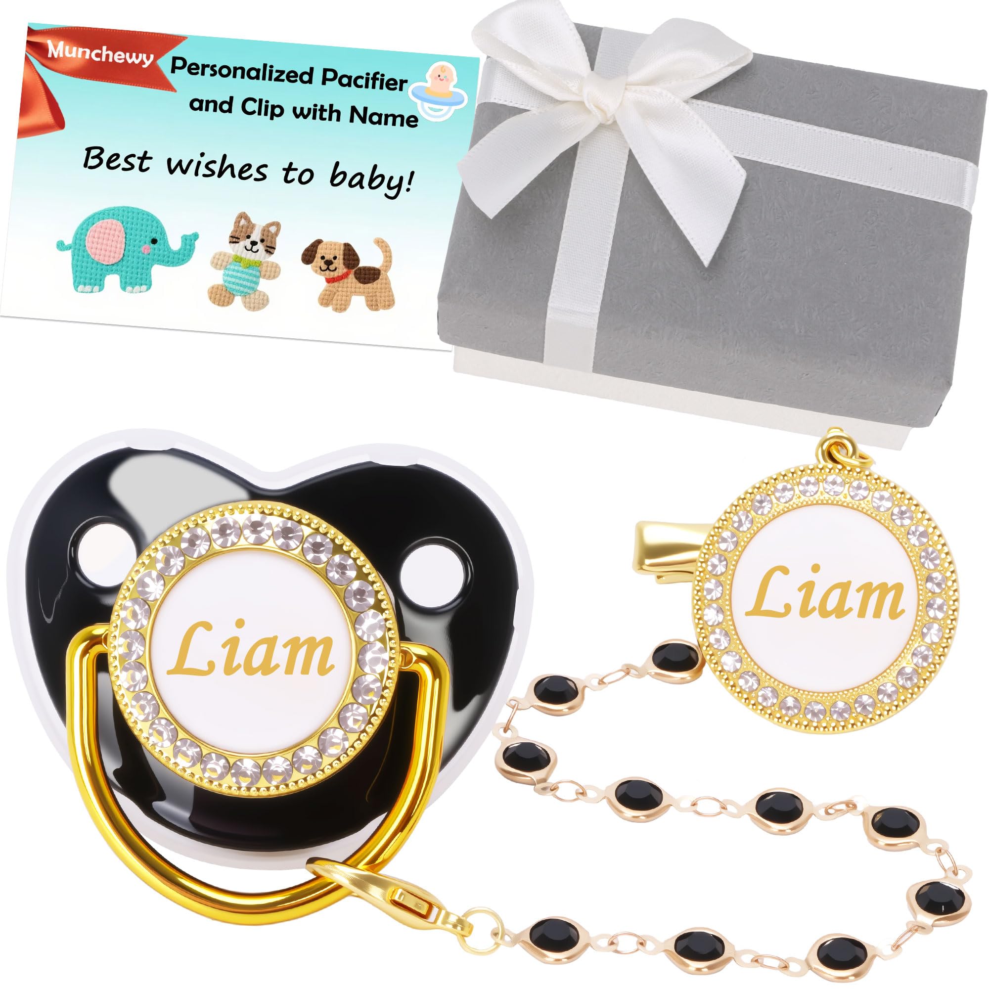 Munchewy Custom Made Pacifier with Name for Newborn Baby Boys Gift(Black)