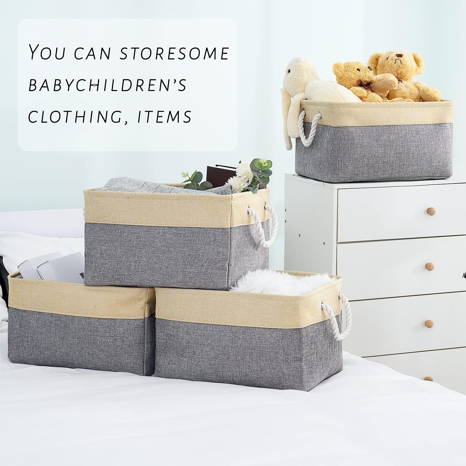 Sacyic Organization and Storage Basket for Organizing - Large 4 Pack 16x12x8 inch Collapsible Baskets for Shelves Fabric Storage Cube, Storage Bins for Laundry Cloth Books Gift (Gold & Grey)