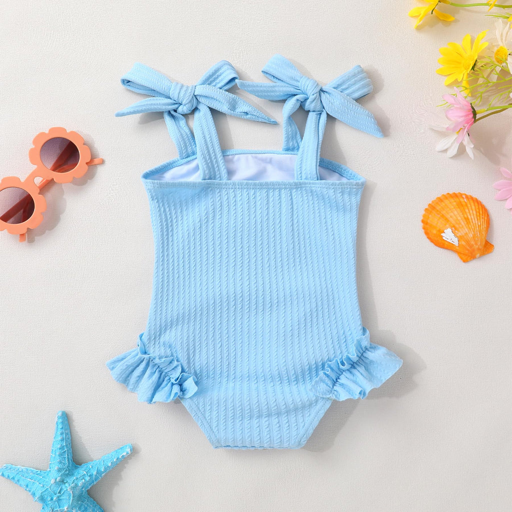 Happy Town Toddler Swimsuit Girl Solid Color Stripe One-Piece Baby Bathing Suits (Light Blue, 3-4 Years)