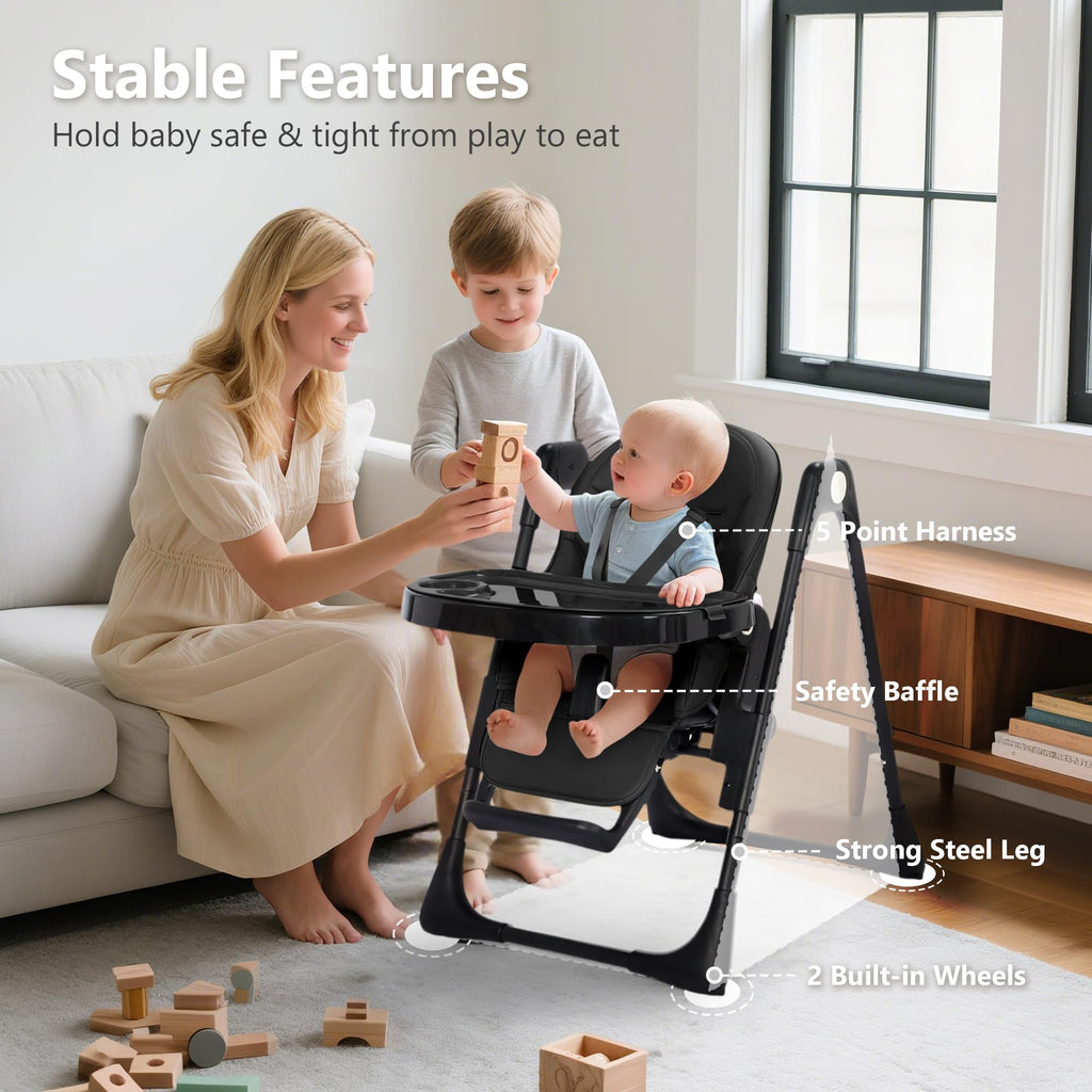 Kinder King Foldable High Chair for Babies and Toddlers, Reclining Seat