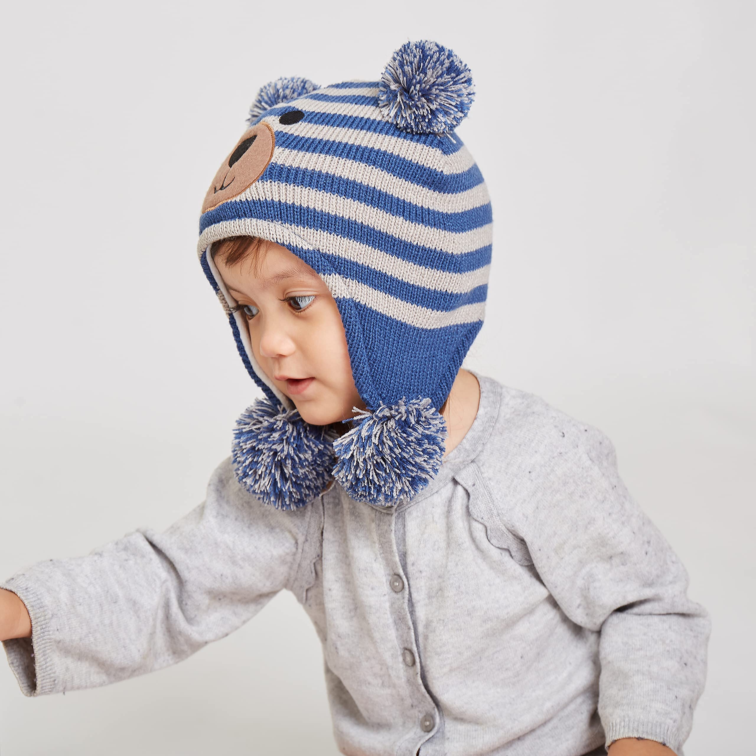 LANGZHEN Toddler Kids Infant Winter Hat,Earflap Knit Warm Cap Fleece Lined Beanie for Baby Boys Girls (Bear-Blue+Grey, 12-24 Months)