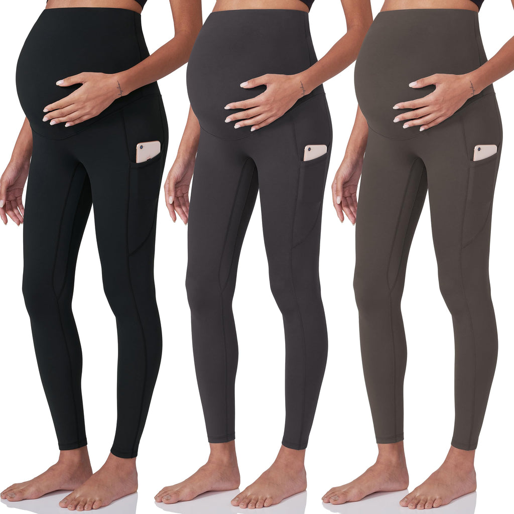 POSHDIVAH 3 Pack Women's Maternity Leggings, Black Grey Brown X-Large