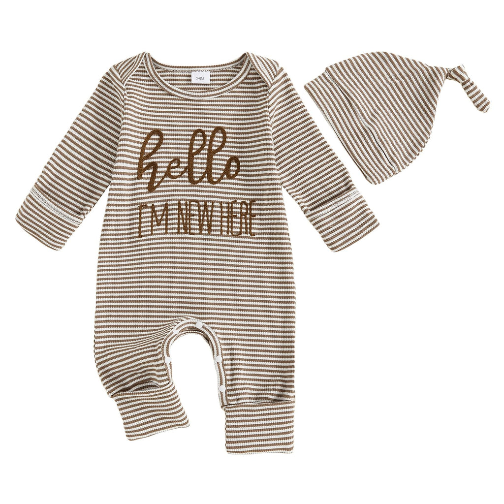 Fernvia Newborn Baby Boy Clothes Letters Print Bodysuit 3 6 9 12 18 Months Long Sleeve Jumpsuit with Hat 2PCS Outfits Set (D Khaki, Newborn)