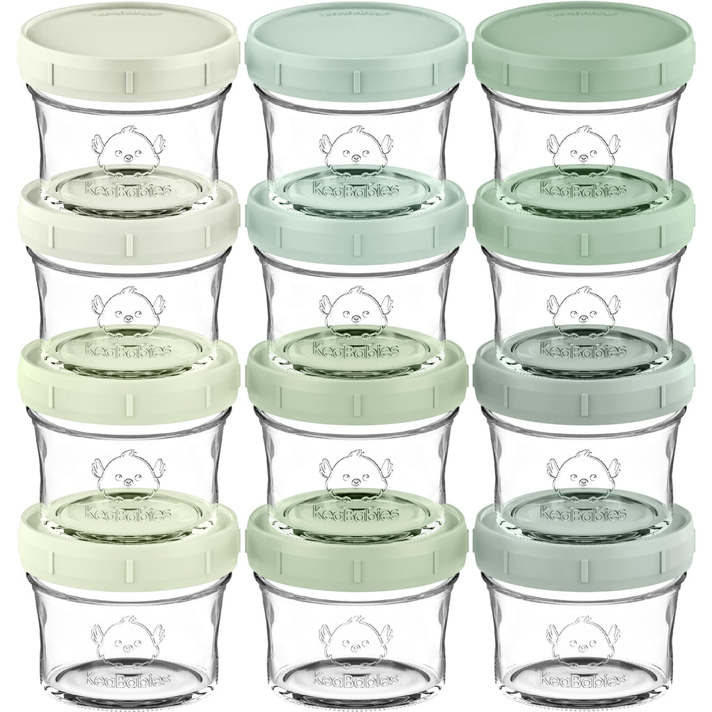 KeaBabies 12pk 4oz Glass Baby Food Containers with Lids, Leak-Proof (Sage)