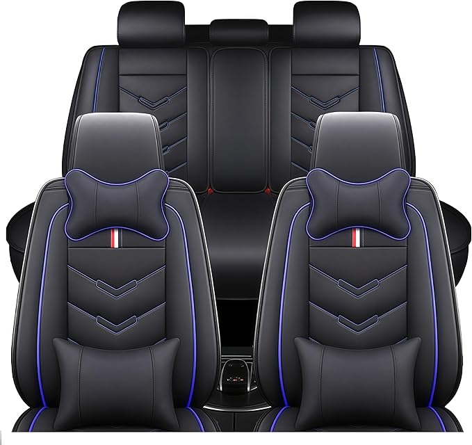 Leather Car Seat Covers Fit for LR Range Rover Evoque 2019-2025, 5 Seater Waterproof and Wear-Resistant Seat Cover Interior Accessories(Full Set with Pillow,Black&Blue)