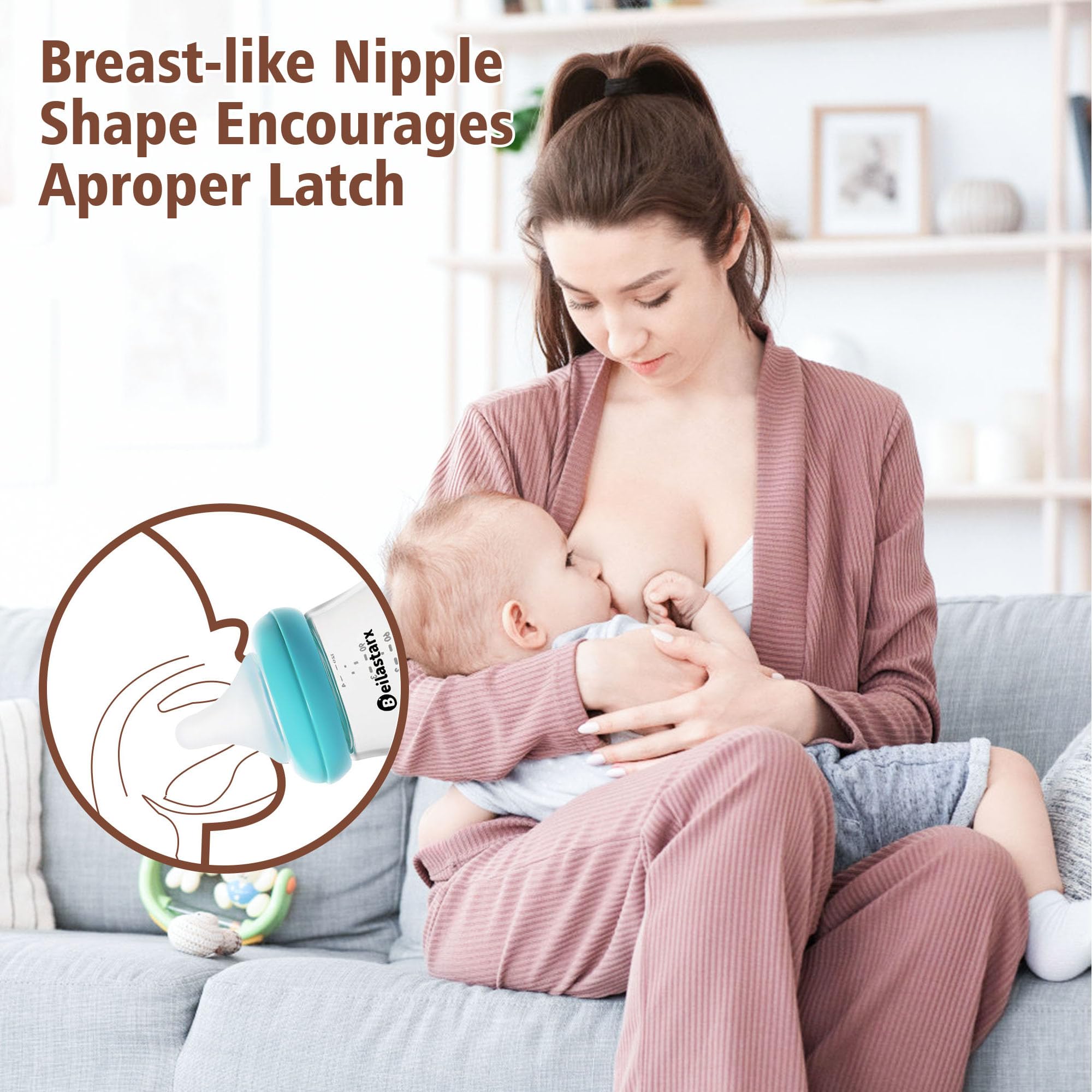 Beilastarx Glass Baby Bottles with Natural Response Nipple Size S - Anti Colic Baby Bottles Wide Neck Slow Flow Baby Bottle (Multicolor, 6oz (Pack of 2))