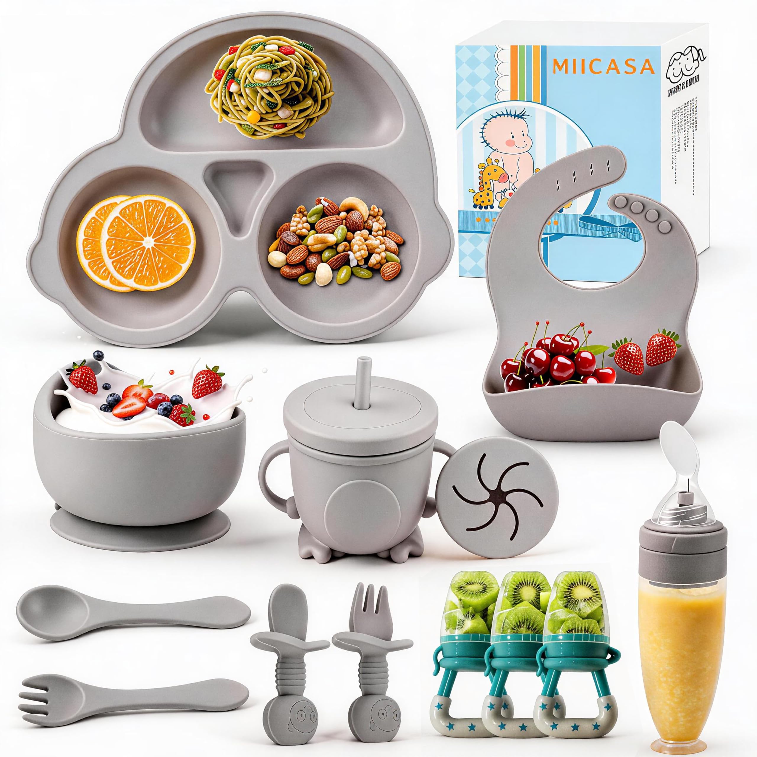Silicone Baby Feeding Set,Miicasa Baby Led Weaning Supplies Kit With Suction Bowl & Car Plate, Bib, Spoon, Fork, Cup - Food-Grade Silicone, Dishwasher-Safe, No BPAs - For 3+ Months