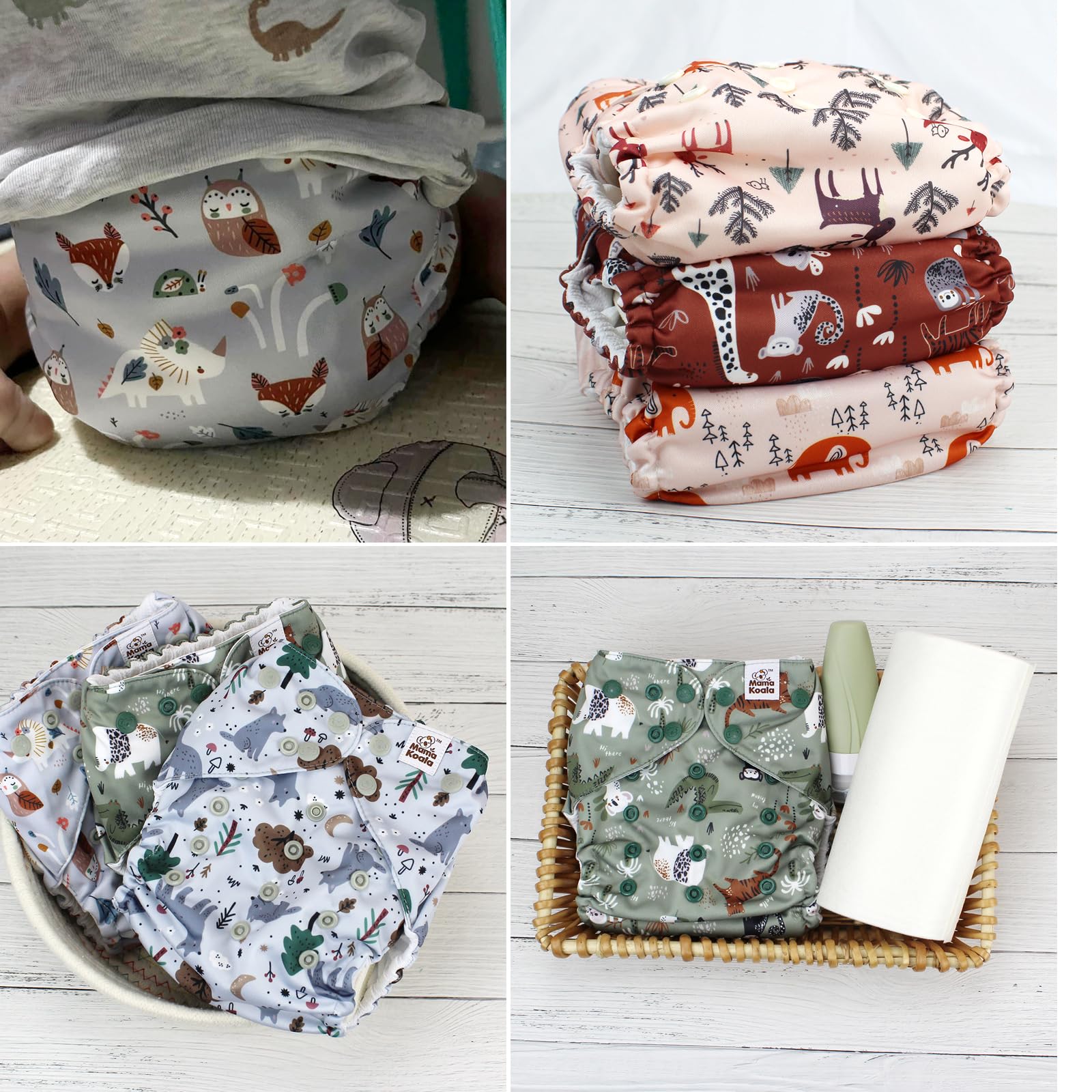 Mama Koala 3.0 Cloth Diapers for Babies with AWJ Lining, 6 Pack with 6 Natural Cloth Diaper Inserts - Reusable and Washable Pocket Diapers (Animals in The Forest)