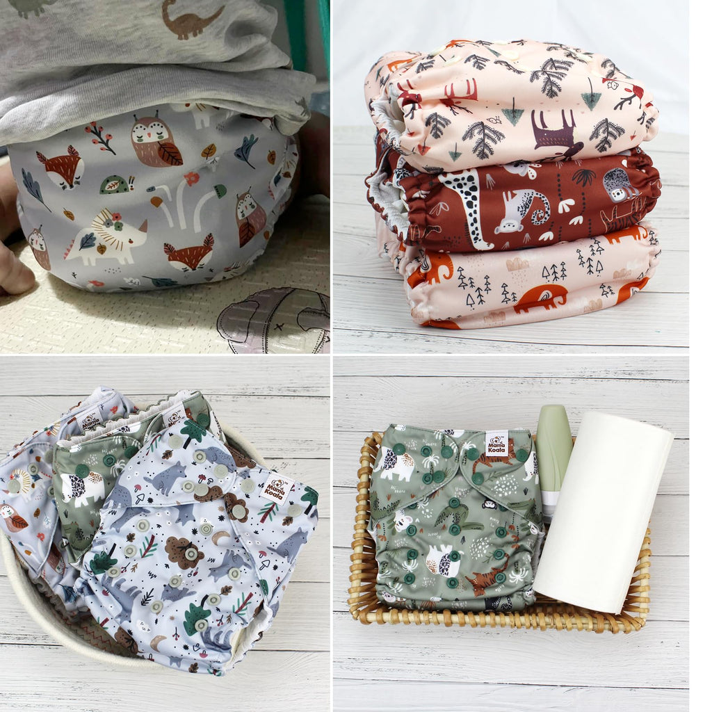 Mama Koala 3.0 Cloth Diapers for Babies with AWJ Lining, 6 Pack with 6 Natural Cloth Diaper Inserts - Reusable and Washable Pocket Diapers (Animals in The Forest)