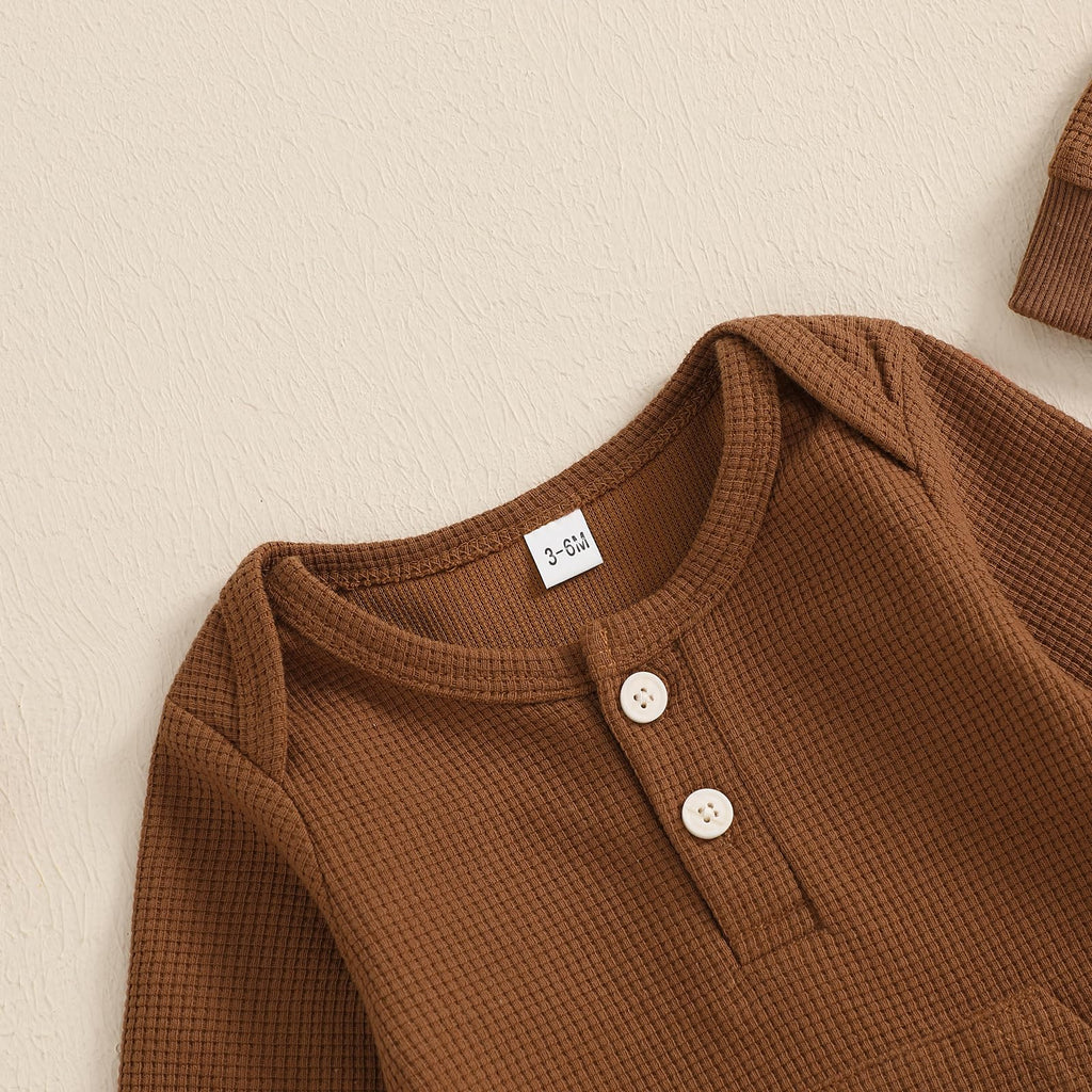 Kuriozud Newborn Infant Unisex Baby Boy Girl Clothes Button Romper Jumpsuit Basic One Piece Outfits Long Sleeve with Hat Brown, 6-9 Months
